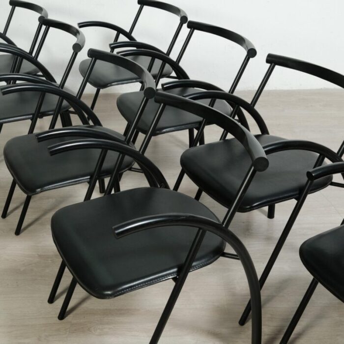 black leather chairs with chromed metal tubing 1970s set of 8 2572