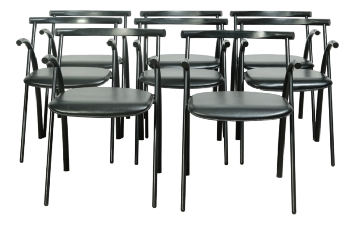 black leather chairs with chromed metal tubing 1970s set of 8 4837