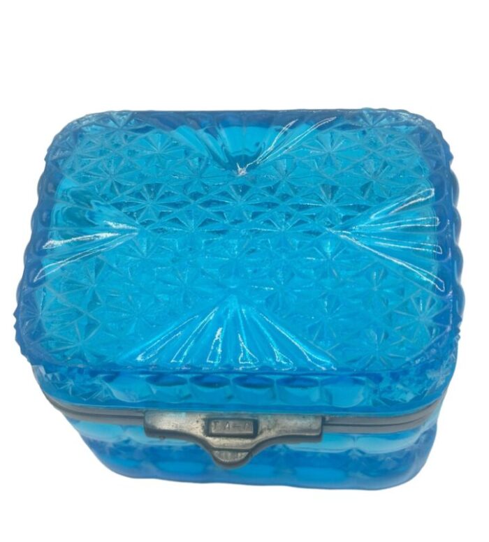 blue czechoslovakia pressed glass box 9858