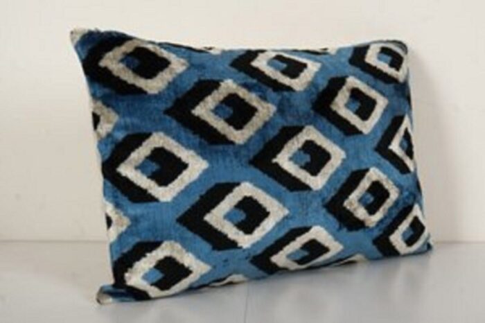 blue silk ikat velvet uzbek pillow cover 2010s 2