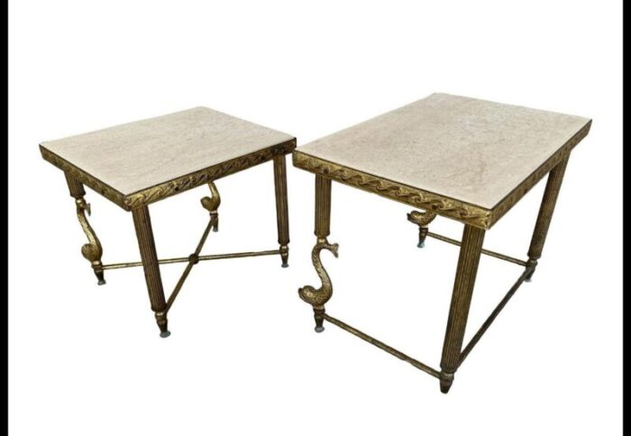 brass and marble top nesting tables with dolphins 2 pcs 1406