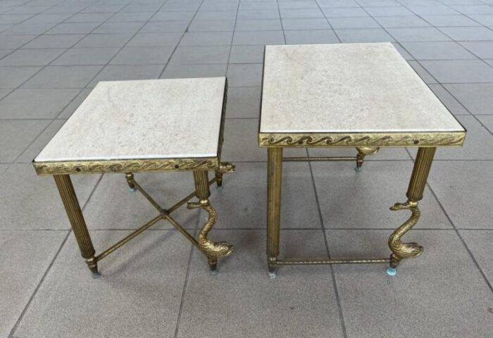 brass and marble top nesting tables with dolphins 2 pcs 4232