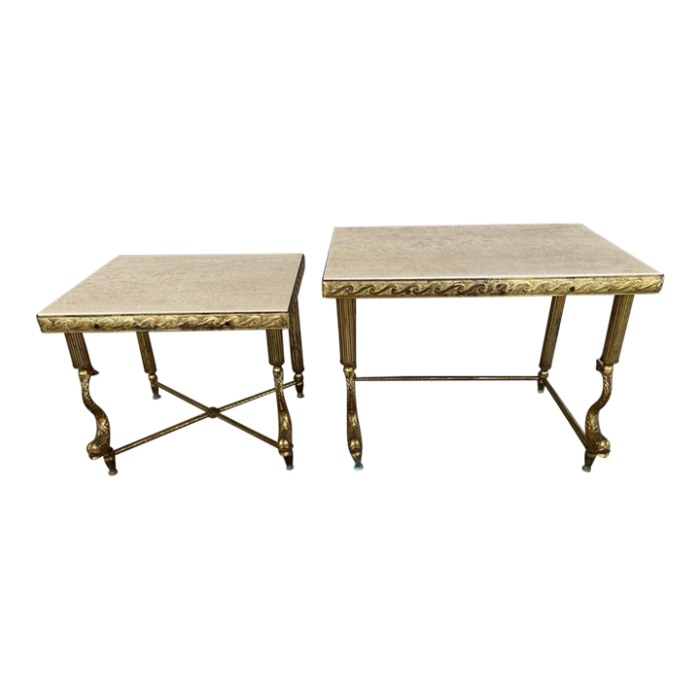 brass and marble top nesting tables with dolphins 2 pcs 7356