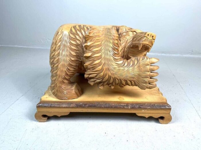 carved wood kibori kuma bear on table stand japan 1990s 1