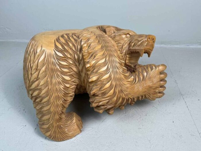 carved wood kibori kuma bear on table stand japan 1990s 2