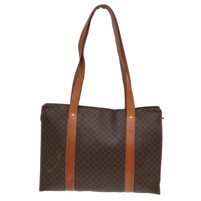 celine macadam canvas tote bag pvc leather brown auth 78272 7546