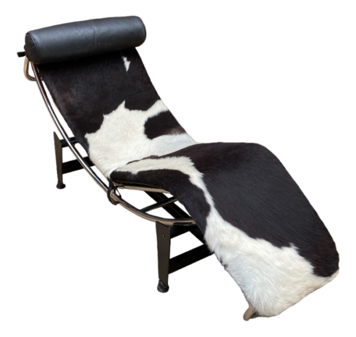 chaise longue in pony hide with chromium plated tubular frame in the style of le corbusier 1980s 4093