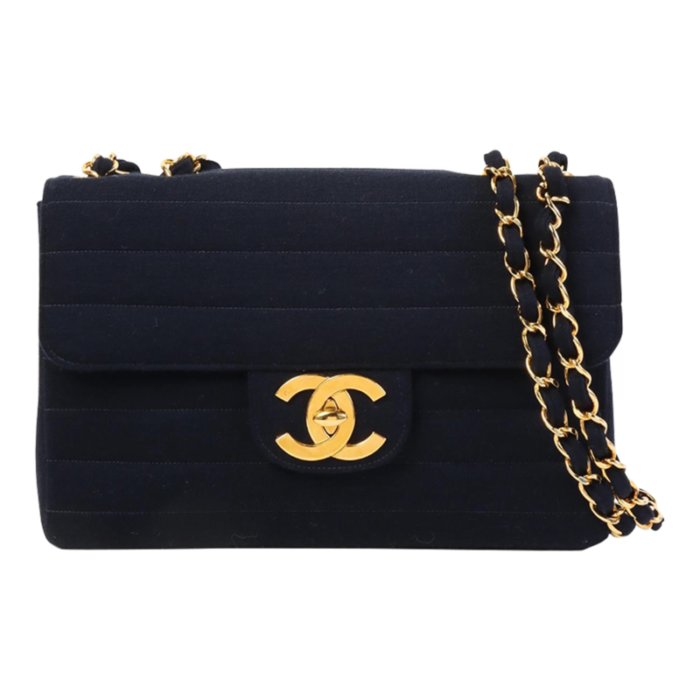 chanel around 1995 made jersey straight flap chain bag jumbo navy 6572