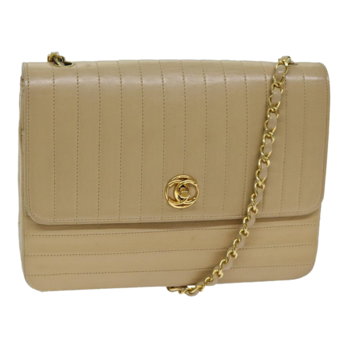 chanel mademoiselle turn lock chain shoulder bag lamb skin beige cc auth 79659 6721