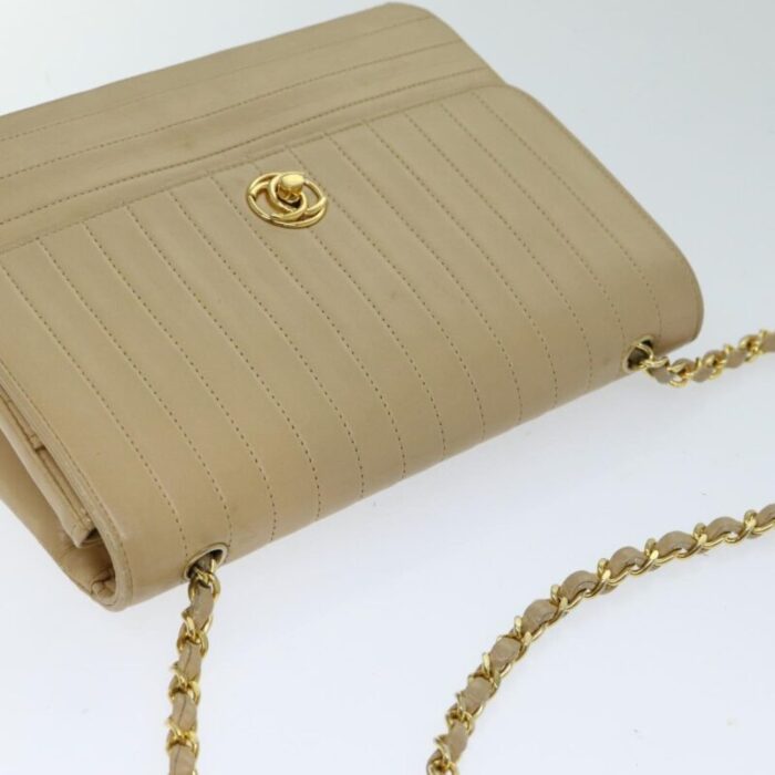 chanel mademoiselle turn lock chain shoulder bag lamb skin beige cc auth 79659 8407