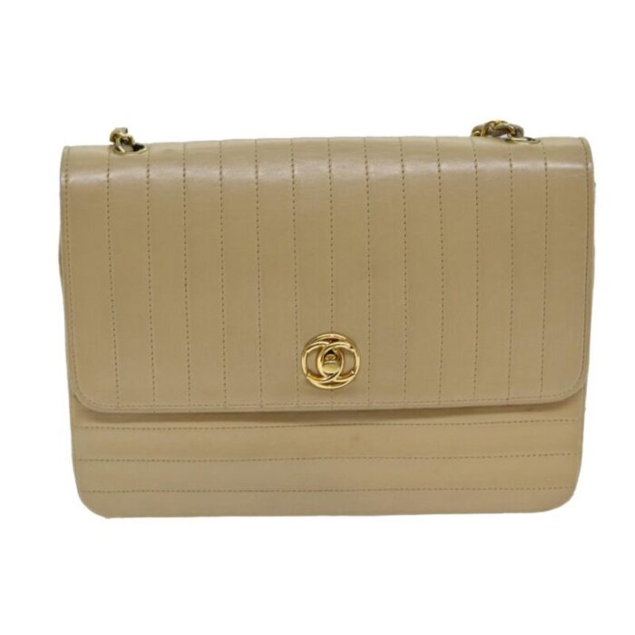 chanel mademoiselle turn lock chain shoulder bag lamb skin beige cc auth 79659 9999