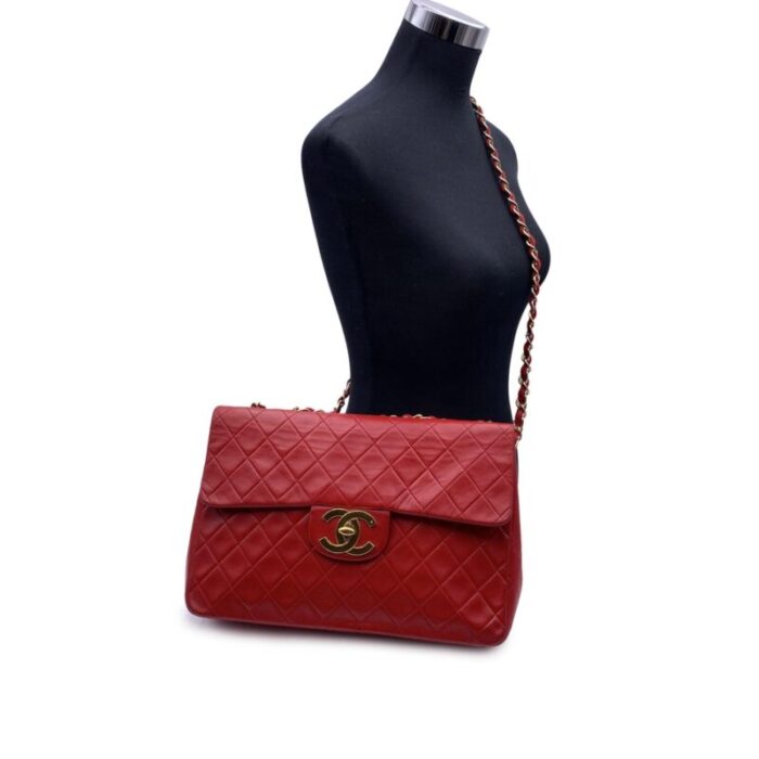 chanel vintage red quilted jumbo classic flap 255 shoulder bag 8079