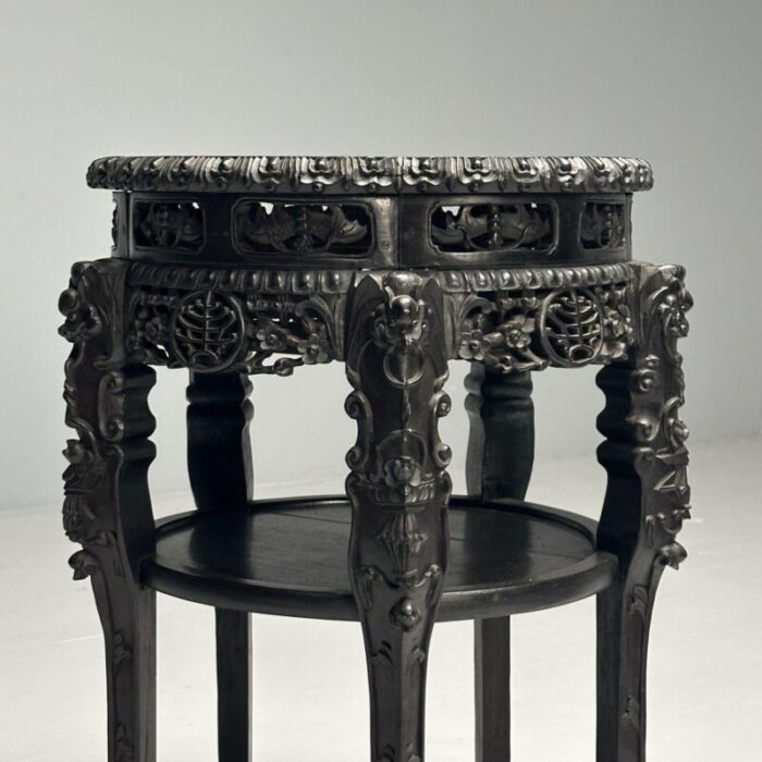 chinese heavily carved occasional tables or pedestals teak marble 1920s 3353