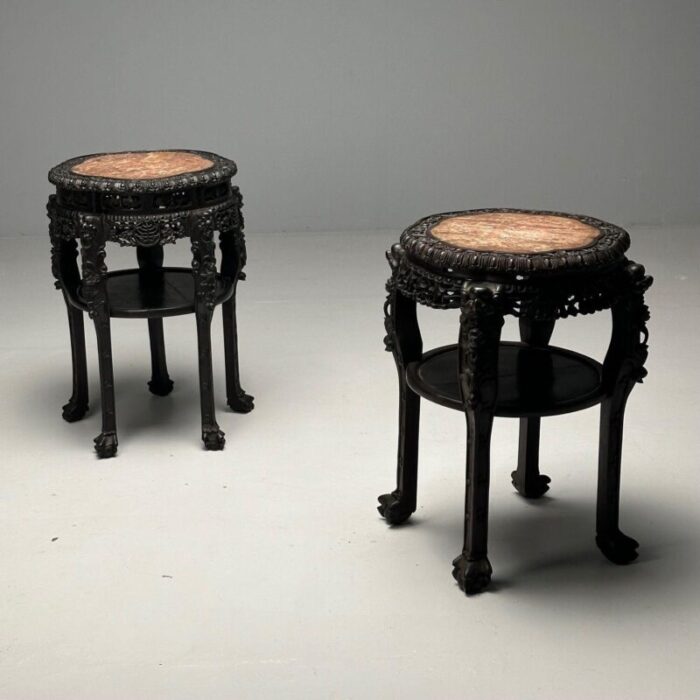 chinese heavily carved occasional tables or pedestals teak marble 1920s 3635