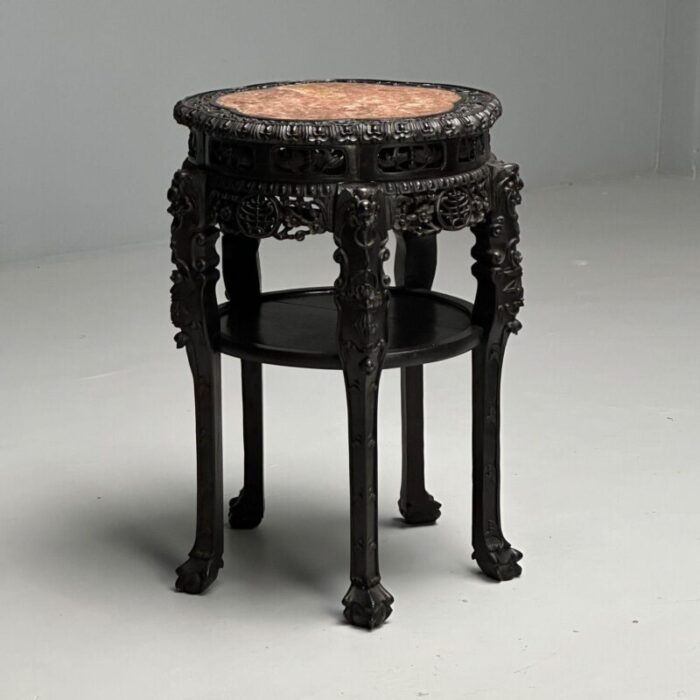 chinese heavily carved occasional tables or pedestals teak marble 1920s 6641