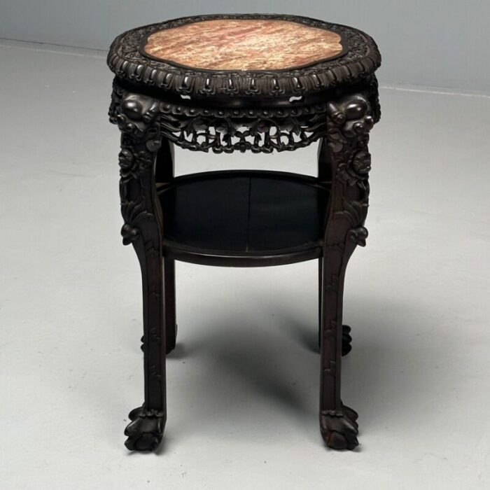 chinese heavily carved occasional tables or pedestals teak marble 1920s 7267