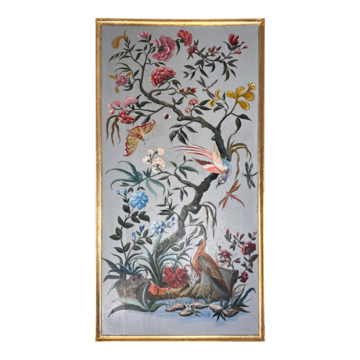 chinoiserie chic style hand painted oil on panel painting with giltwood frame 1999