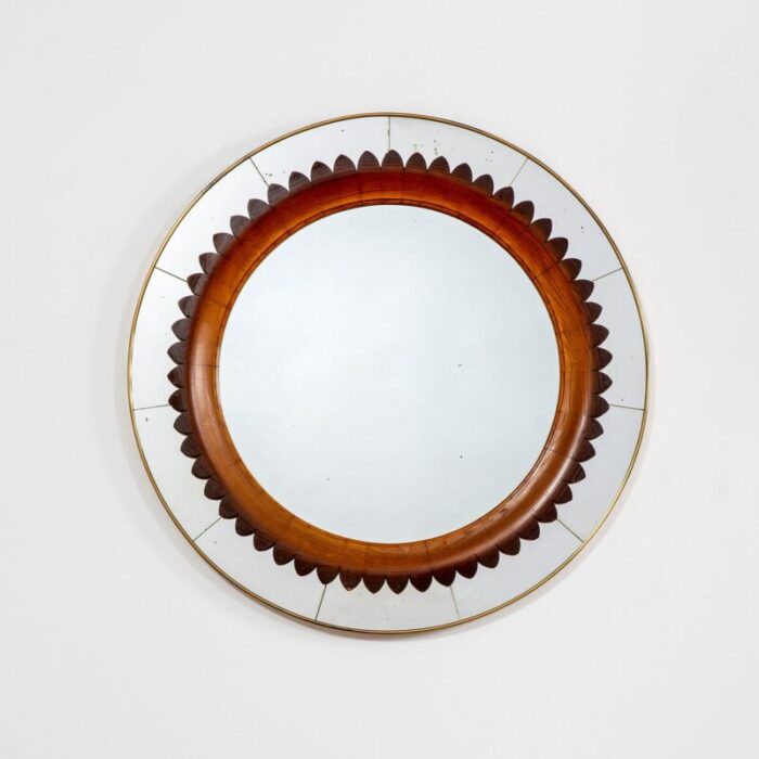 circular frame in brass and wood wall mirror for marelli 1950s 1