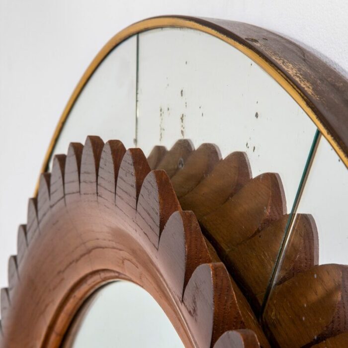 circular frame in brass and wood wall mirror for marelli 1950s 2