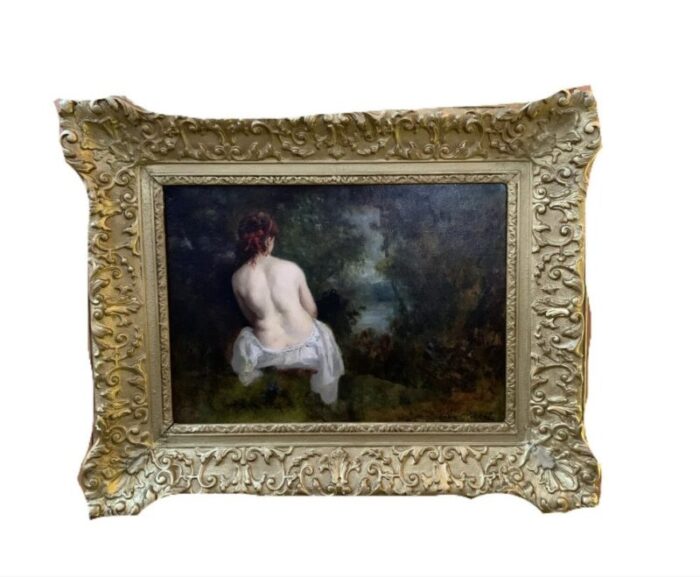 classical 19th century french nude of a lady in the barbizon forest landscape framed 3841