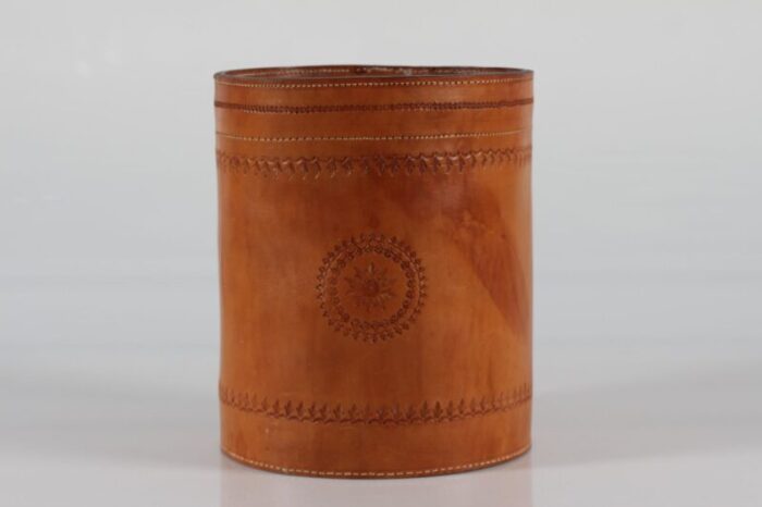 cognac leather wastepaper basket in the style of carl auboeck 1970s 1