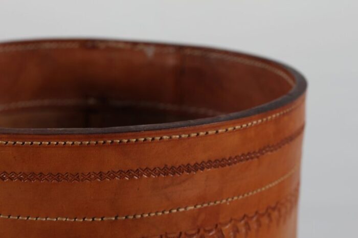 cognac leather wastepaper basket in the style of carl auboeck 1970s 2