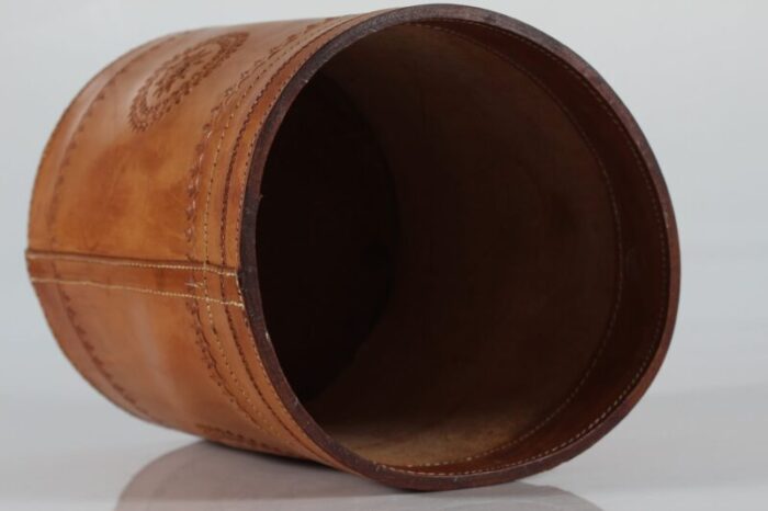 cognac leather wastepaper basket in the style of carl auboeck 1970s 3