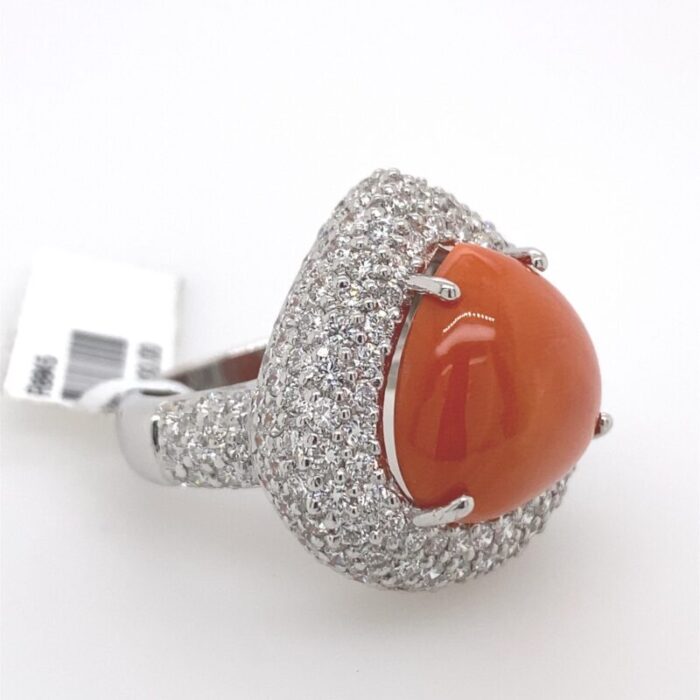 coral and pave set diamonds 18 karat white gold ring size 625 4103