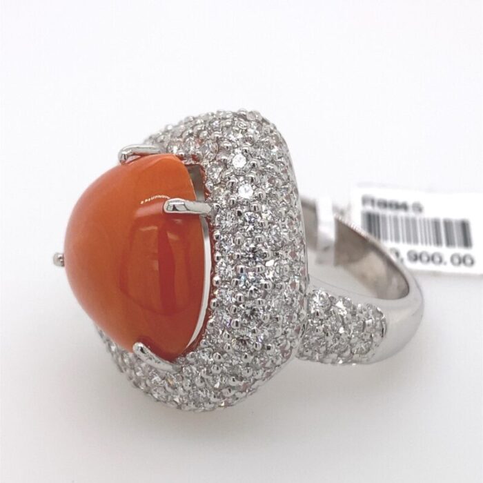 coral and pave set diamonds 18 karat white gold ring size 625 5405