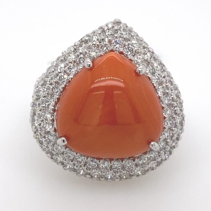 coral and pave set diamonds 18 karat white gold ring size 625 6680