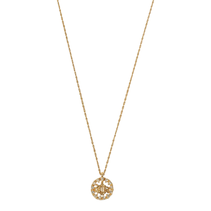 dior rhinestone round logo emblem necklace gold 1046