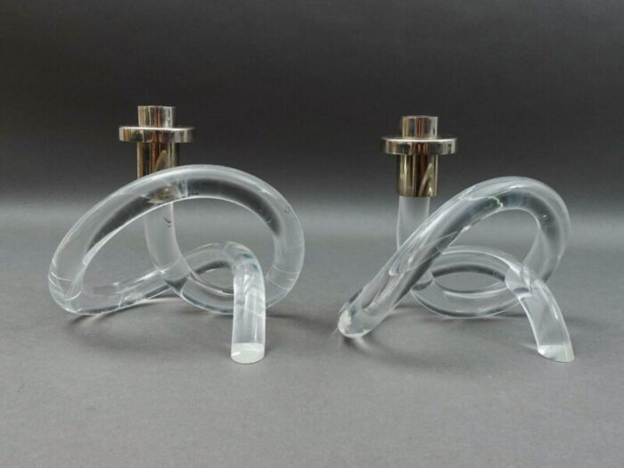 dorothy thorpe vintage lucite chrome pretzel candle holder set of 2 0178