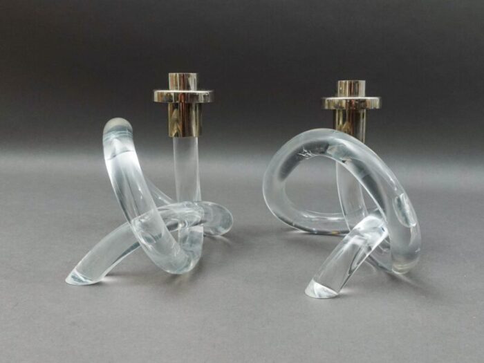 dorothy thorpe vintage lucite chrome pretzel candle holder set of 2 9493