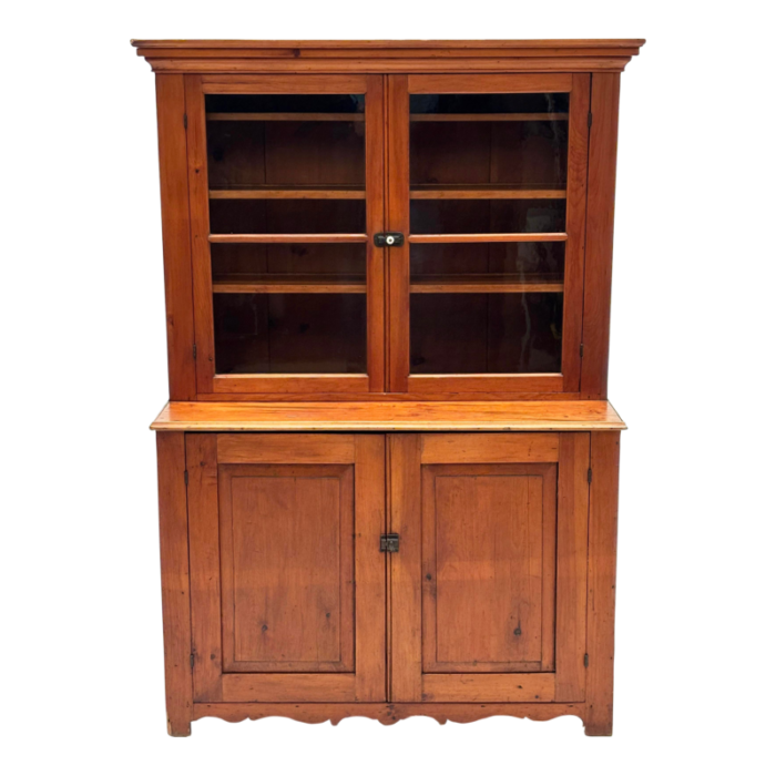 early 1800s pennsylvania dutch pine country cupboard with wavy glass doors 4484