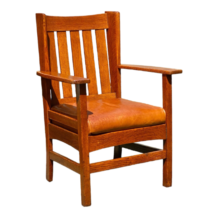 early 20th century antique art and crafts oak wingback armchair with orange leather seat 9037