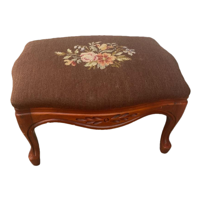 early 20th century antique needlepoint embroidered floral footstool with carved wood base 5910