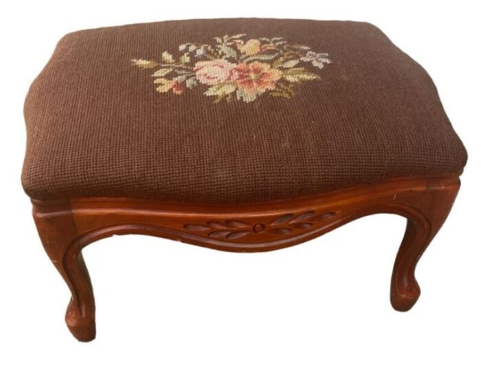 early 20th century antique needlepoint embroidered floral footstool with carved wood base 8840