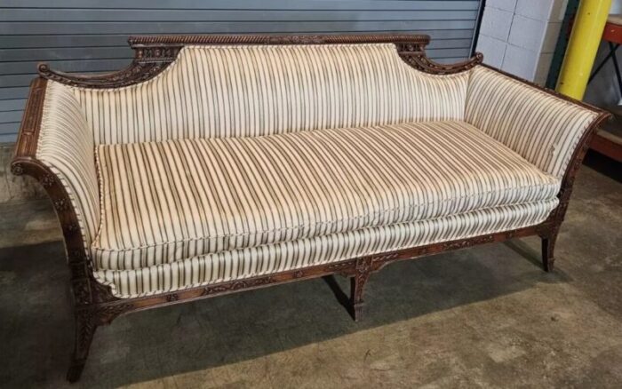 early 20th century duncan phyfe regency style carved mahogany sofa silk striped fabric 1177