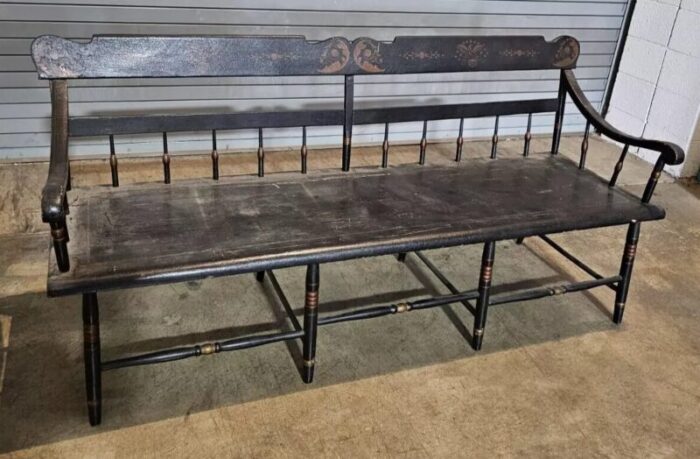 early 20th century hitchcock style windsor bench black crackle finish american eagle stencil 2186