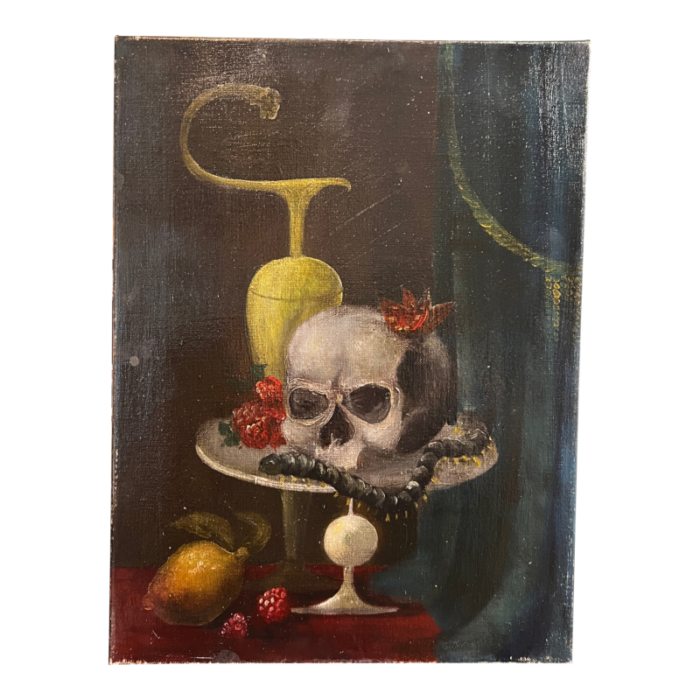 early 20th century oil on canvas momento mori still life style painting 0414