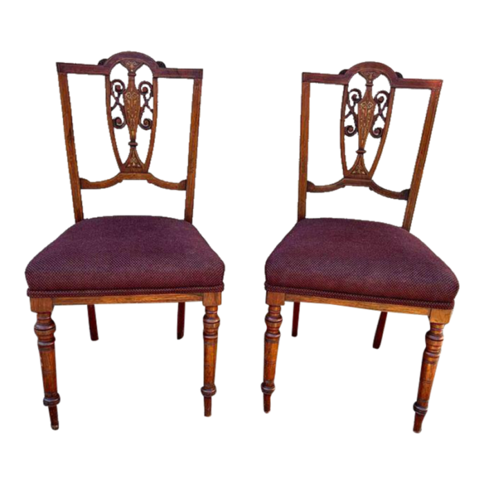 early 20th century pair of antique english edwardian style marquetry inlaid side chairs 1088