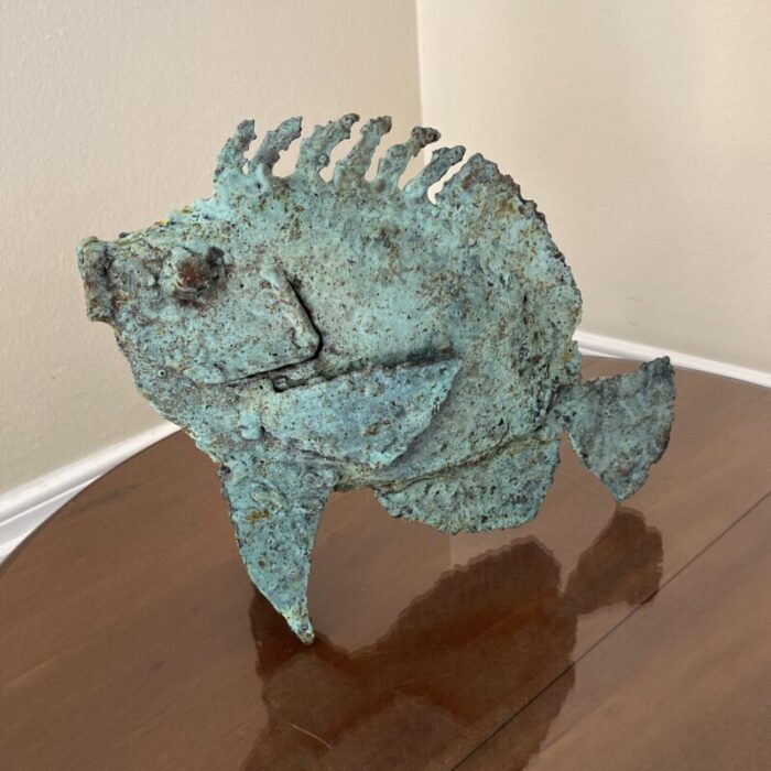 early 21st century bronze artist made brutalist style fish sculpture 7441