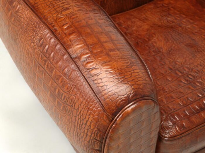 french art deco moustache club chair faux embossed crocodile italian leather 1978