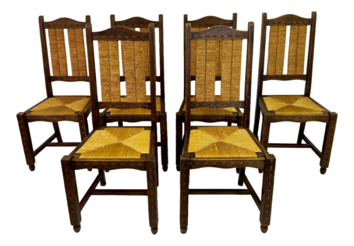 french oak and rush dining chairs 1950s set of 6 3492