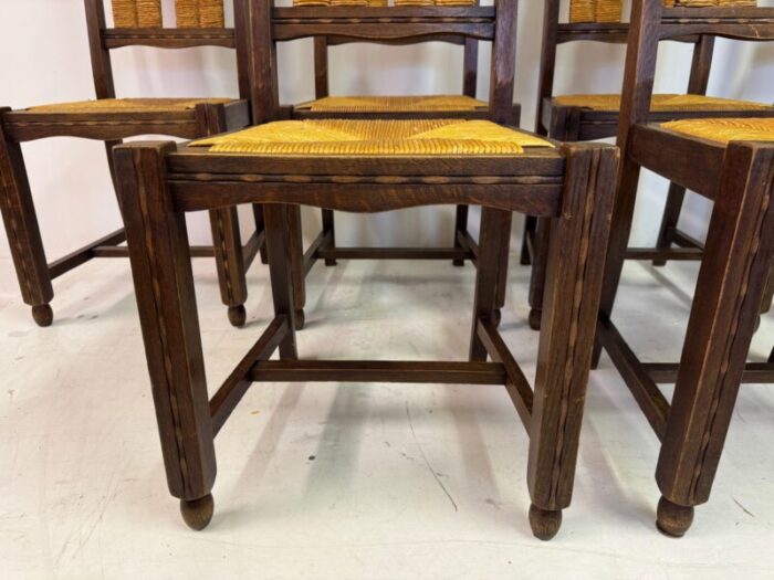 french oak and rush dining chairs 1950s set of 6 4653