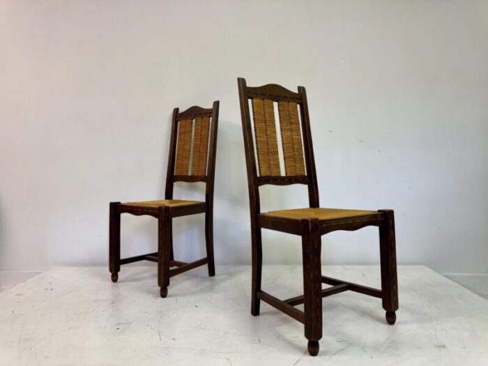 french oak and rush dining chairs 1950s set of 6 4730