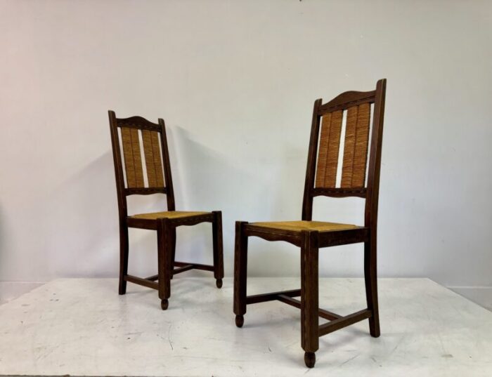 french oak and rush dining chairs 1950s set of 6 6499