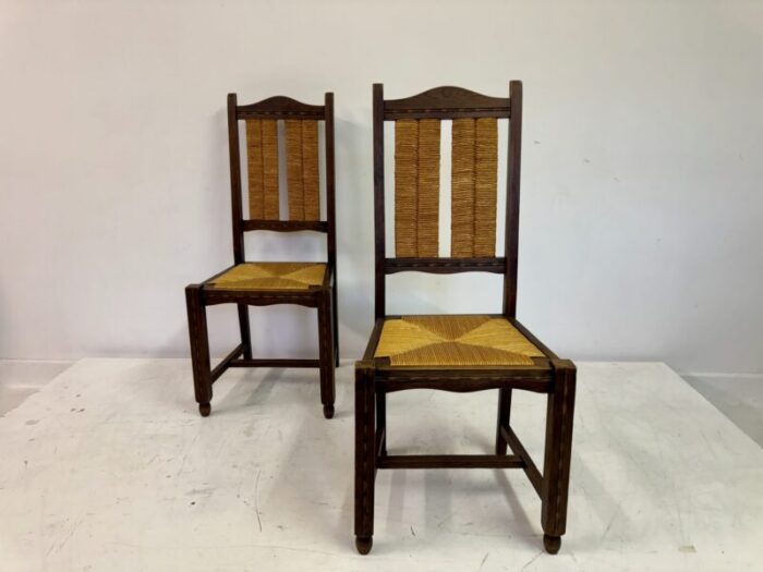 french oak and rush dining chairs 1950s set of 6 6888