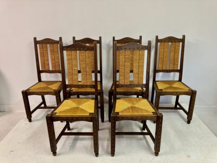 french oak and rush dining chairs 1950s set of 6 8450