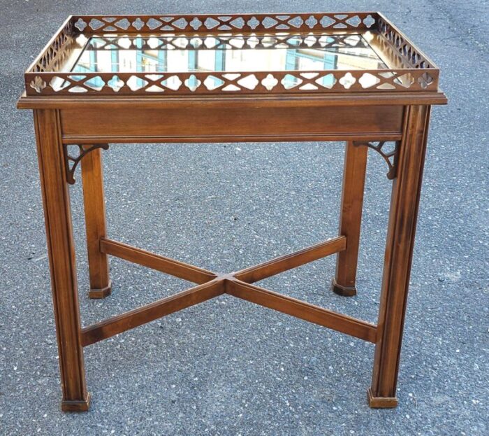 george iii style mahogany galleried and glass top inset tea table silver table 0645